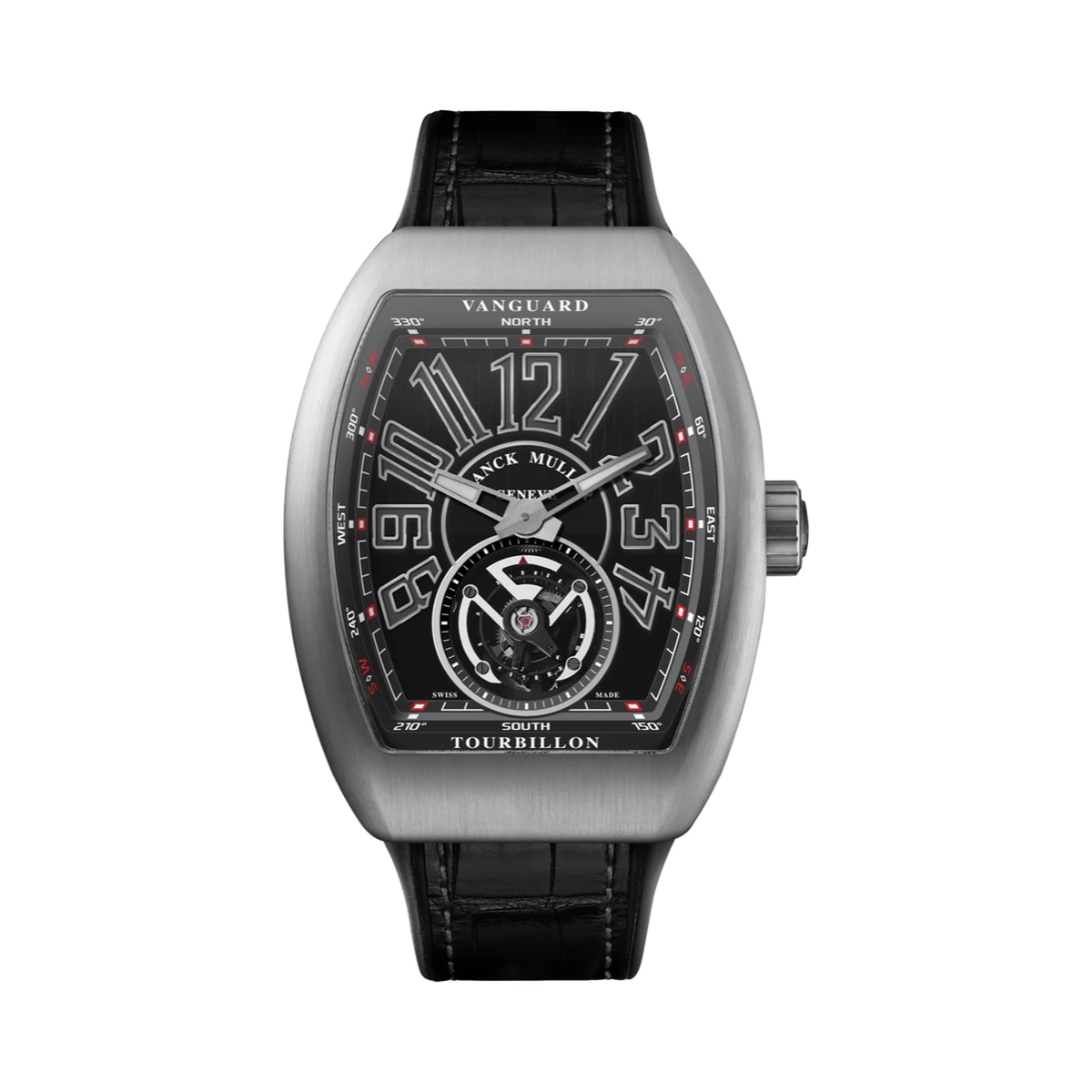 Authentic Franck Muller Vanguard Tourbillon ref. V 45 T BR (TT), Black with open tourbillon and red accents, Black textured strap