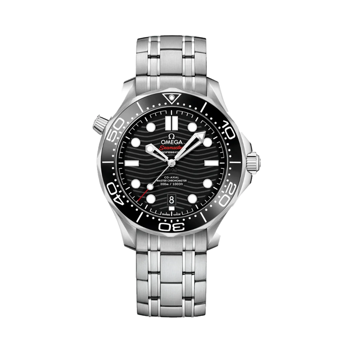 Authentic Omega Seamaster Diver 300M Co-Axial Master Chronometer ref. 210.30.42.20.01.001, Black wave-pattern, Stainless-steel bracelet