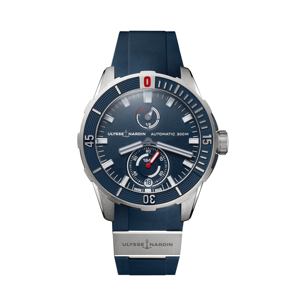Authentic Ulysse Nardin Diver 44 ref. 1183-170-3/93, Blue, Blue rubber / titanium strap
