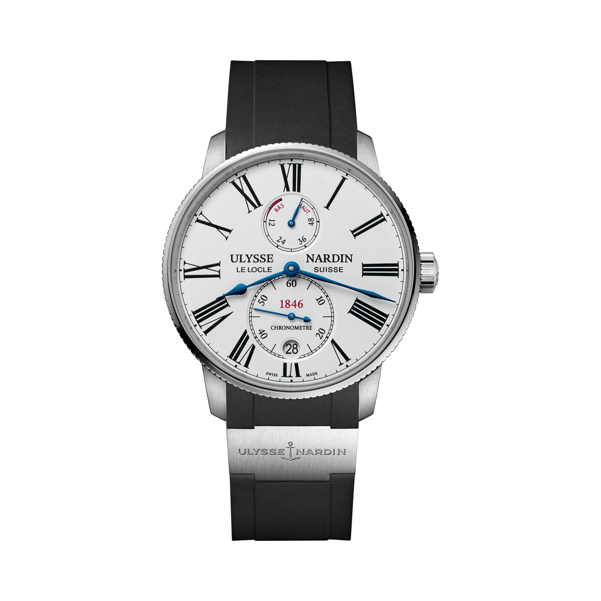 Authentic Ulysse Nardin Marine Torpilleur ref. 1183-310-3/40, White lacquered, Roman numerals, Black rubber / titanium strap