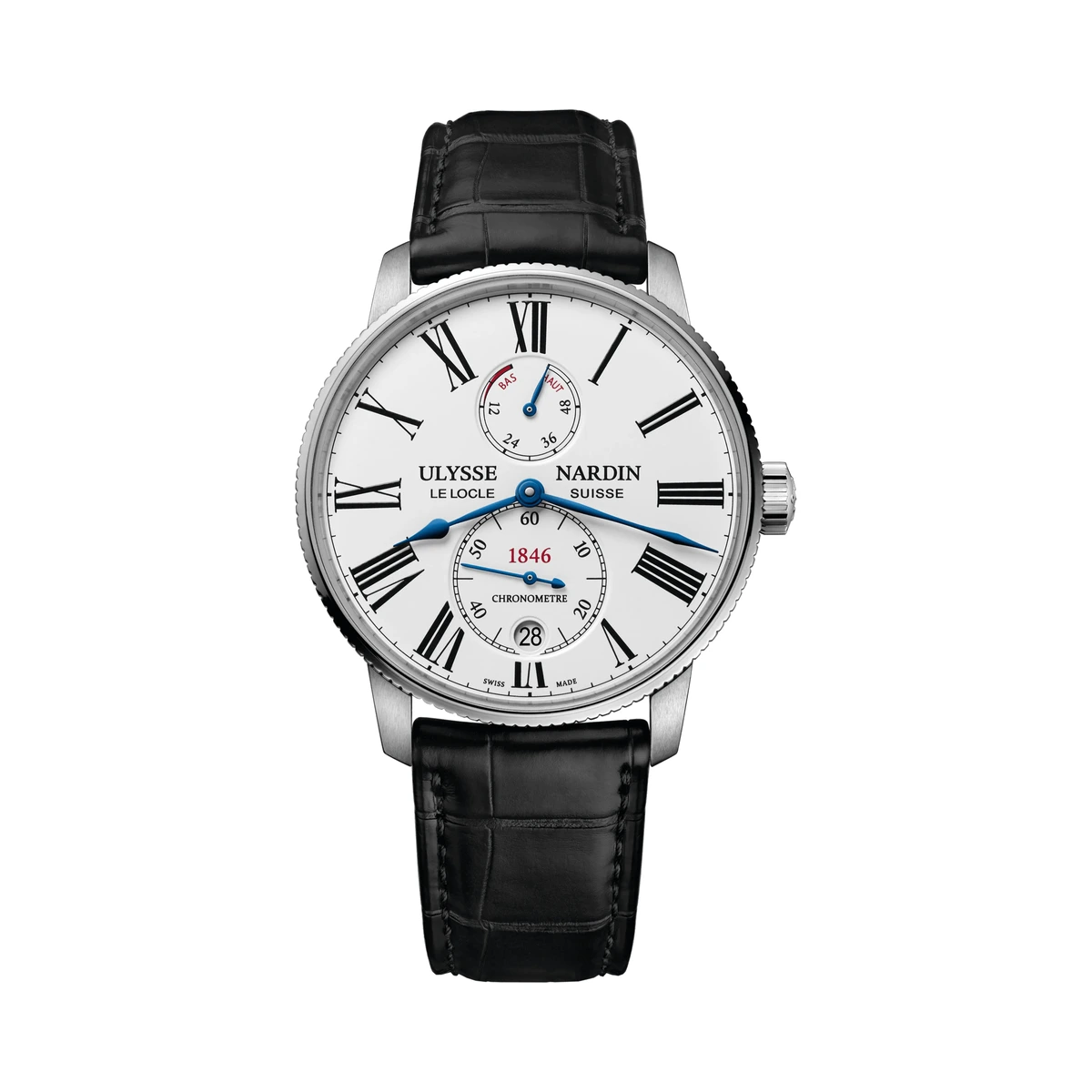 Authentic Ulysse Nardin Marine Torpilleur ref. 1183-310/40, White lacquered, Roman numerals, Black alligator strap